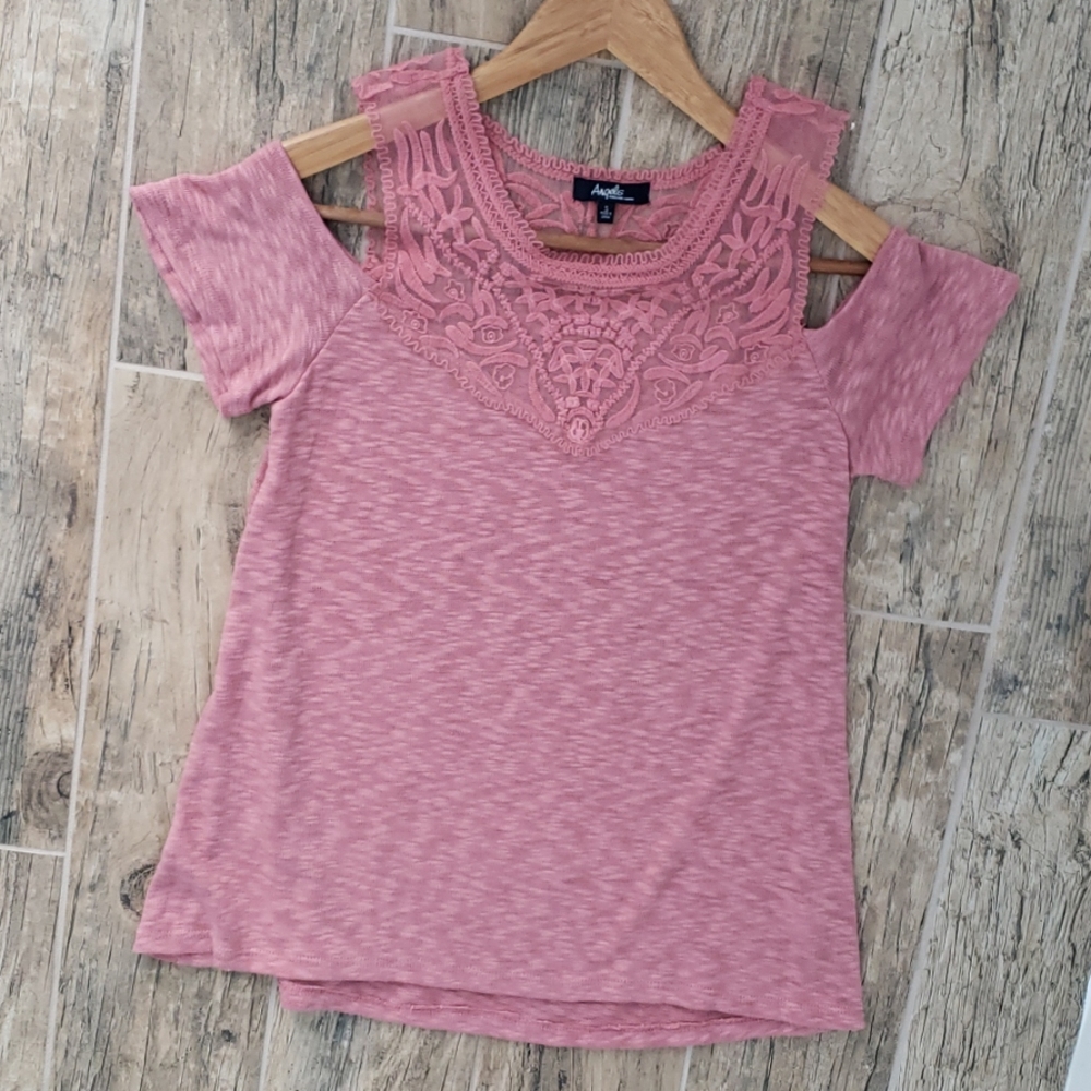 Rose color lace Off shoulder cold shoulder shirt